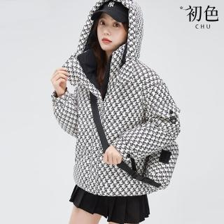 【初色】印花加厚保暖連帽立領長袖保暖羽絨棉外套女外套-共4色-39181(L-2XL可選)