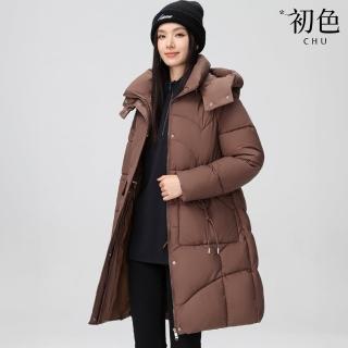【初色】洋氣中長款純色拉鍊口袋立領長袖插肩袖連帽科技羽絨棉服外套女外套-共5色-39158(M-3XL可選)