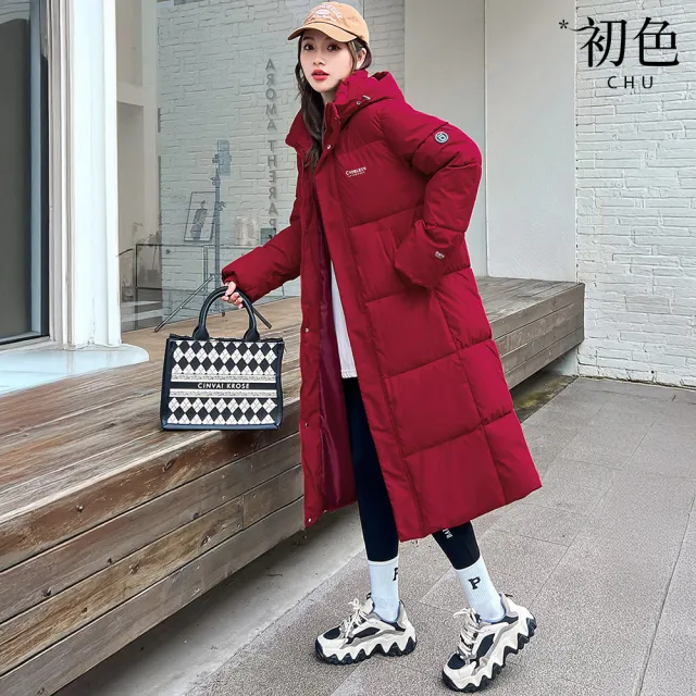 【初色】簡約純色直筒寬鬆連帽過膝中長款科技保暖纖維棉外套女外套-共4色-39161(M-2XL可選)(其他規格)