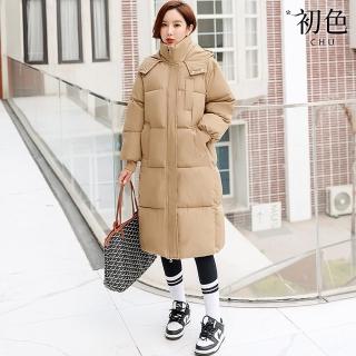 【初色】韓版休閒寬鬆長款加厚保暖連帽螺紋長袖羽絨棉外套女外套-共5色-39159(M-3XL可選)
