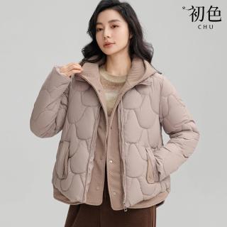 【初色】韓版假兩件拼接短款加厚保暖連帽羽絨棉外套女外套-共4色-39126(M-3XL可選)