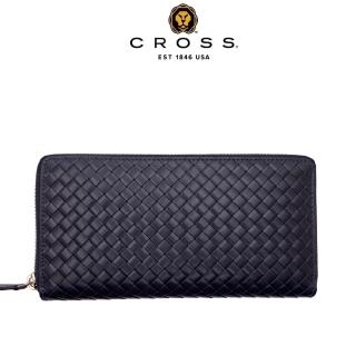 【CROSS】頂級小牛皮編織紋拉鍊長夾 海倫系列(深藍色 贈原廠送禮提袋)