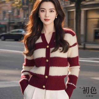 【初色】條紋撞色V領毛衣長袖針織開衫上衣女上衣-紅白條紋-39198(F可選)