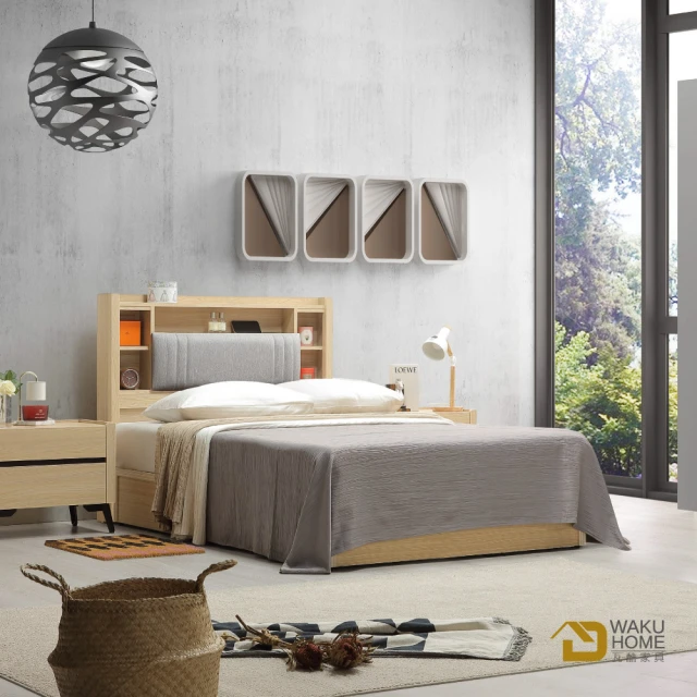 WAKUHOME 瓦酷家具WAKUHOME 瓦酷家具 LAMP暖調工業風原橡木3.5尺床組-含插座-A011-601