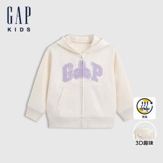 【GAP】女幼童裝 Logo小熊刺繡熊耳造型連帽外套 熊抱Logo系列-象牙白(687678)