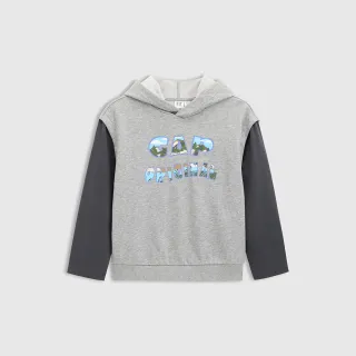 【GAP】男童裝 Logo印花假兩件帽T-淺灰色(673714)