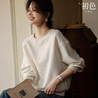 【初色】慵懶風緞面緹花拼接螺紋肌理感寬鬆圓領長袖衛衣T恤上衣女上衣-共2色-38745(M-2XL可選)