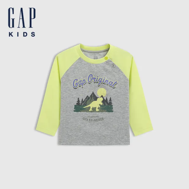 【GAP】兒童裝 Logo恐龍印花圓領長袖T恤-淺灰色(674032)