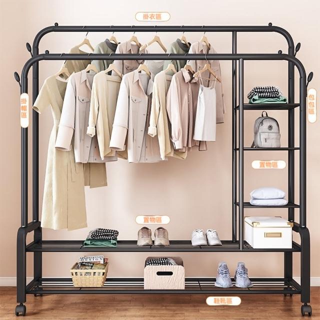 【大頭家具】簡易掛衣架臥室衣帽架 雙桿側置物網+單層架130cm(帶輪款掛衣架 置物架)