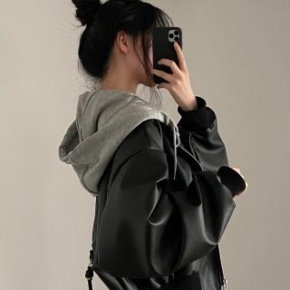 【D.studio】韓版小眾拉鍊寬鬆假兩件連帽皮衣外套(女裝衣服上衣保暖外套保暖上衣連帽外套冬天外套 J375)