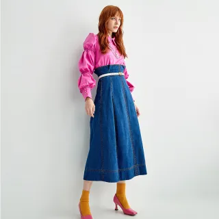 【iROO】顯瘦高腰牛仔寬擺裙