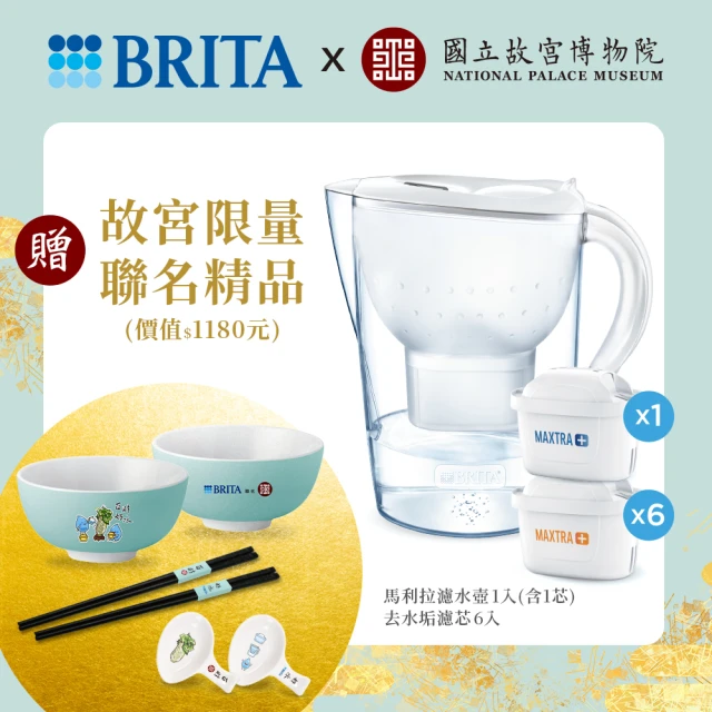 BRITA 官方直營 故宮聯名百財好水濾水壺白色14件組(共1壺7芯+2碗+2入筷架+2雙筷子)