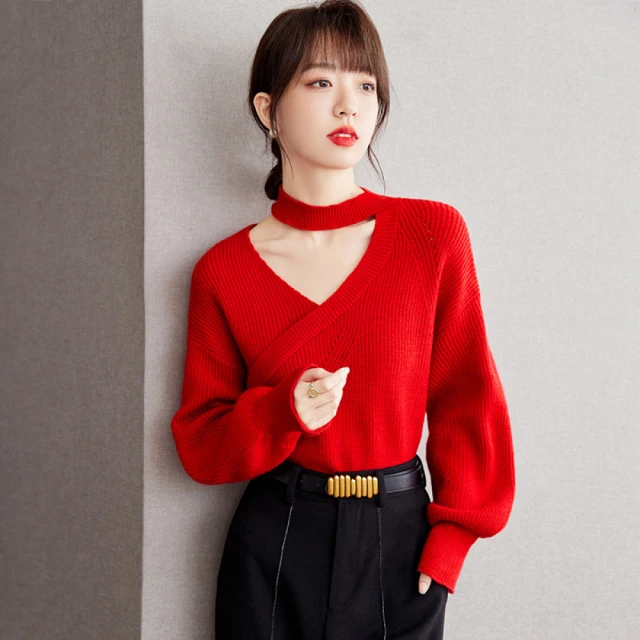 Very Buy 非常勸敗Very Buy 非常勸敗 預購/法式紅色掛脖毛衣女秋冬年高級氛圍感小眾設計感