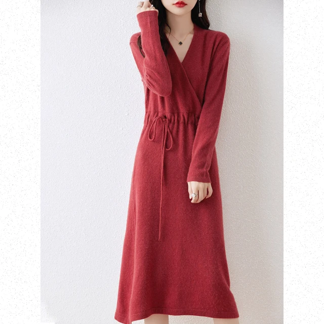 Very Buy 非常勸敗Very Buy 非常勸敗 預購/收腰繫帶時尚V領針織羊毛洋裝23秋冬季氣質長款純色洋裝