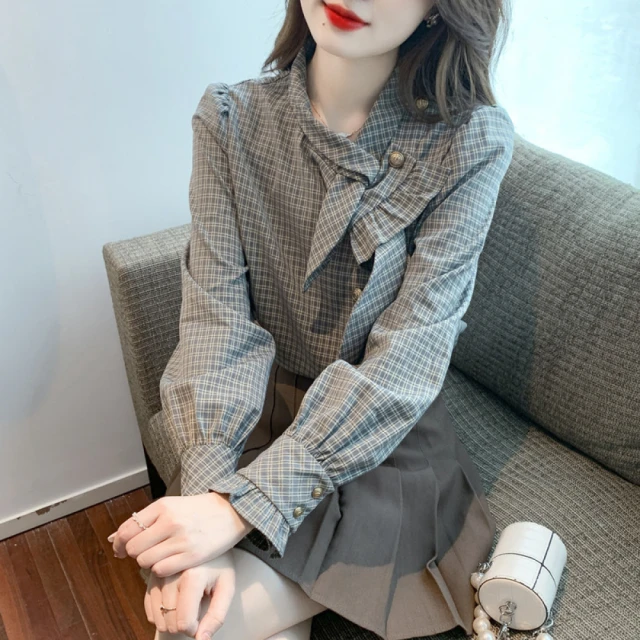 Very Buy 非常勸敗 預購/秋繫帶翻領格紋氣質長袖上衣