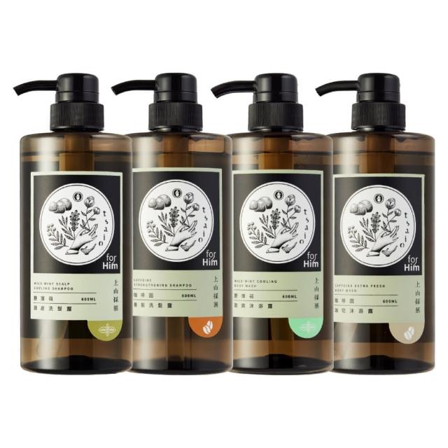 【tsaio 上山採藥】4入組-男性系列沐浴/洗髮600ml(任選/咖啡因/野薄荷/沐浴乳/洗髮精)