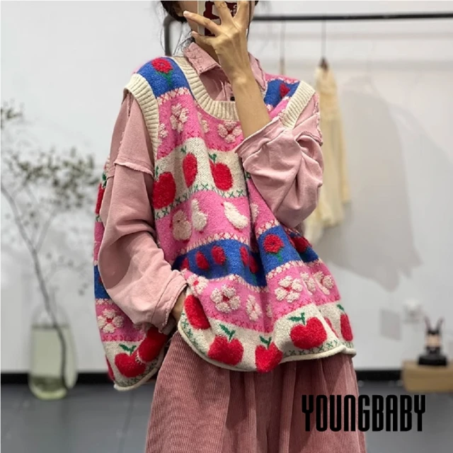 YOUNGBABY 甜美森林系蘋果花朵小鳥毛衣背心 中大尺碼女裝