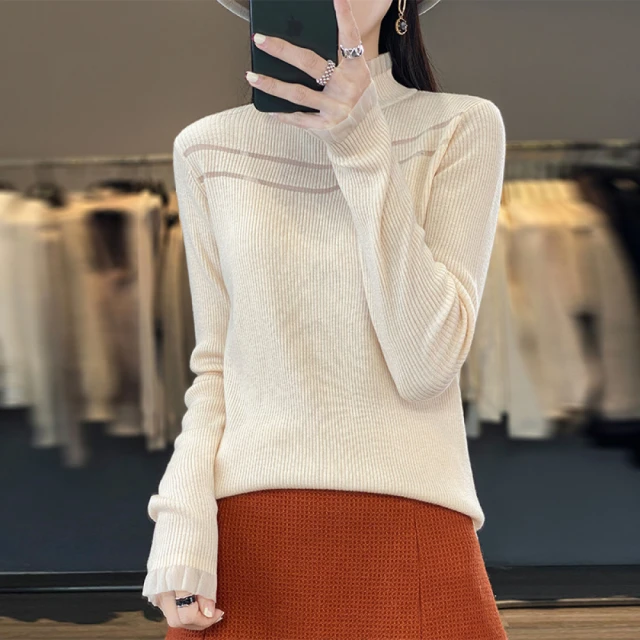 Very Buy 非常勸敗Very Buy 非常勸敗 預購/羊毛精紡春夏女士半高領上衣長袖套頭網紗拼接氣質百搭針織衫
