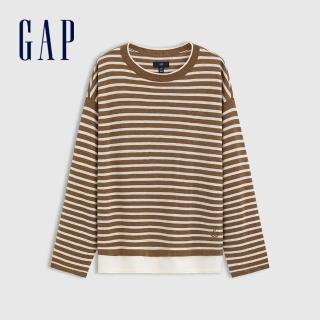 【GAP】女裝 Logo刺繡假兩件圓領長袖針織衫-卡其色條紋(729093)