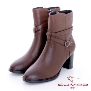 【CUMAR】交叉皮帶扣環粗跟短靴(咖啡色)