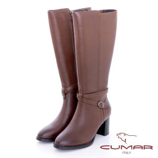 【CUMAR】交叉皮帶扣環粗跟長靴(咖啡色)