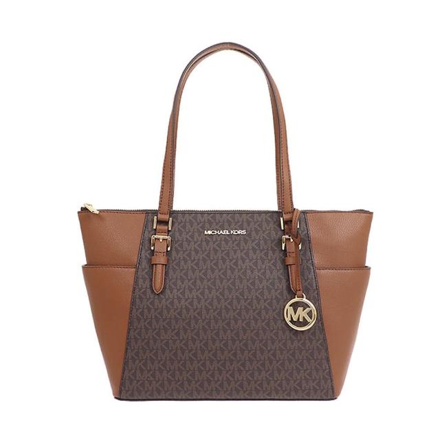 【Michael Kors】Charlotte系列深咖x焦糖mk logo防刮皮革雙口袋托特包(35T0GCFT3B-BROWN)