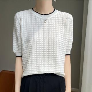 【Very Buy 非常勸敗】預購/夏季100純棉輕薄氣質針織衫T恤女百搭寬鬆透氣花邊領短袖上衣