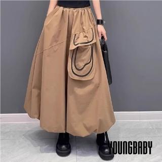 【YOUNGBABY】造型滾邊大口袋鬆緊燈籠裙 中大尺碼女裝