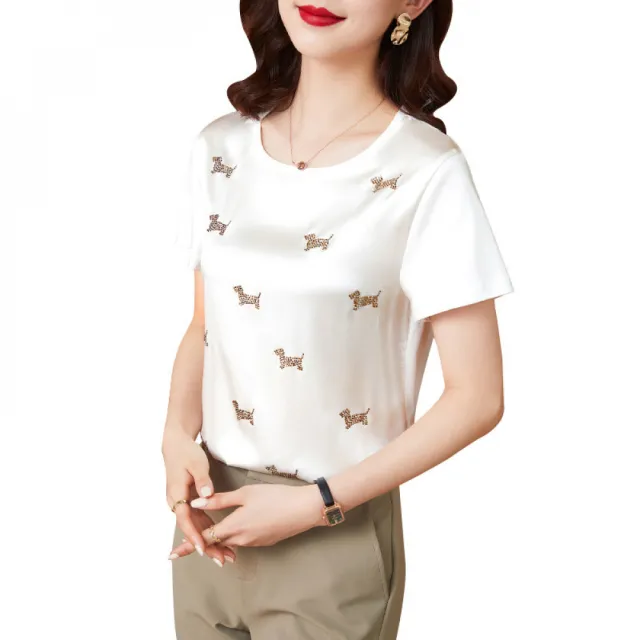 【Very Buy 非常勸敗】預購/時尚燙鑽真絲上衣圓領寬鬆氣質短袖桑蠶絲T恤女內搭上衣