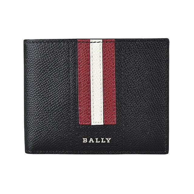 【BALLY】BALLY TVEYE 金屬銀字LOGO條紋設計牛皮6卡對折短夾(黑x紅白紅條紋)