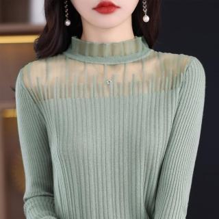 【Very Buy 非常勸敗】預購/半高領精紡羊毛女士毛衣春季歐美蕾絲修身內搭長袖寬鬆織衫