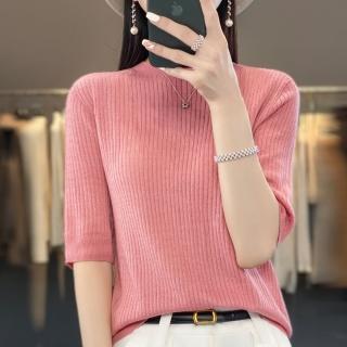 【Very Buy 非常勸敗】預購/24夏季精紡羊毛針織短袖T恤圓領直條寬鬆內搭上衣純色薄款短袖上衣