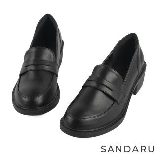 【SANDARU 山打努】樂福鞋 尖頭紳士粗中跟真皮皮鞋(黑)