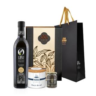 【Oro Bailen 皇嘉】特級冷壓初榨橄欖油御選禮盒組附提袋(橄欖油500ml+A.R黑松露蘑菇醬90g+鹽之花125g)