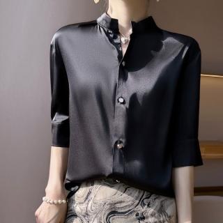 【Very Buy 非常勸敗】預購/真絲緞面春夏季女士立領襯衫五分袖簡約百搭上衣短款T恤