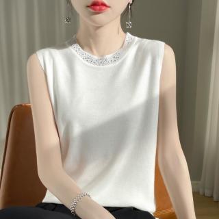 【Very Buy 非常勸敗】預購/羊毛混紡春季精仿女裝頭圓領燙鑽無袖針織背心短款內搭上衣