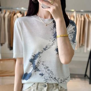 【Very Buy 非常勸敗】預購/感桑蠶絲+羊毛短袖T恤女拼色圓領印花針織衫百搭短袖內搭上衣