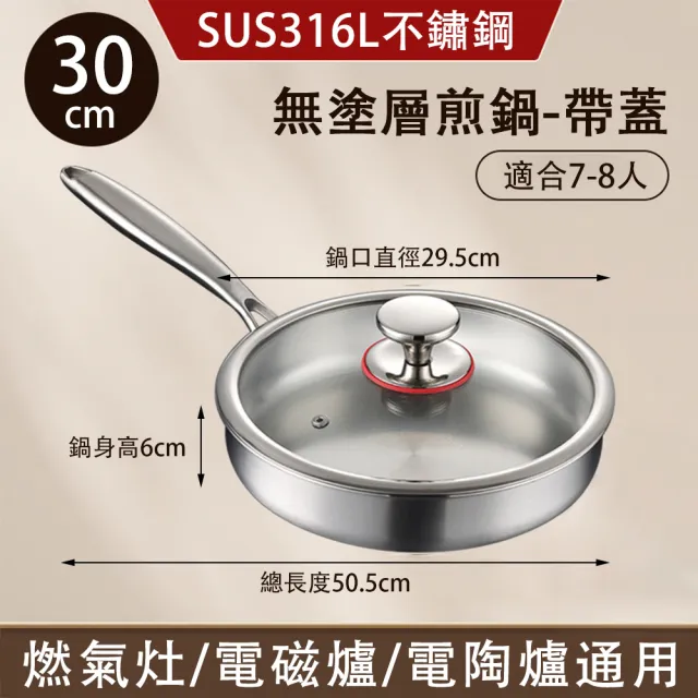 【巧可】316L不鏽鋼不粘加厚煎鍋 30cm無塗層平底鍋 燃氣電磁爐通用款炒鍋 帶蓋