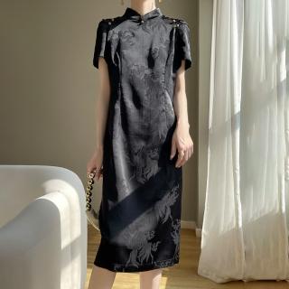 【Very Buy 非常勸敗】預購/新中式旗袍中長裙女立領提花真絲緞面短袖洋裝國風旗袍裙高階感