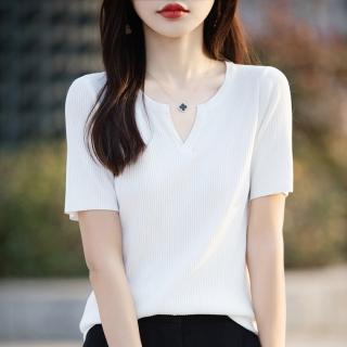 【Very Buy 非常勸敗】預購/女裝冰絲正肩短袖T恤女夏季設計感修身顯瘦V領針織衫別緻上衣
