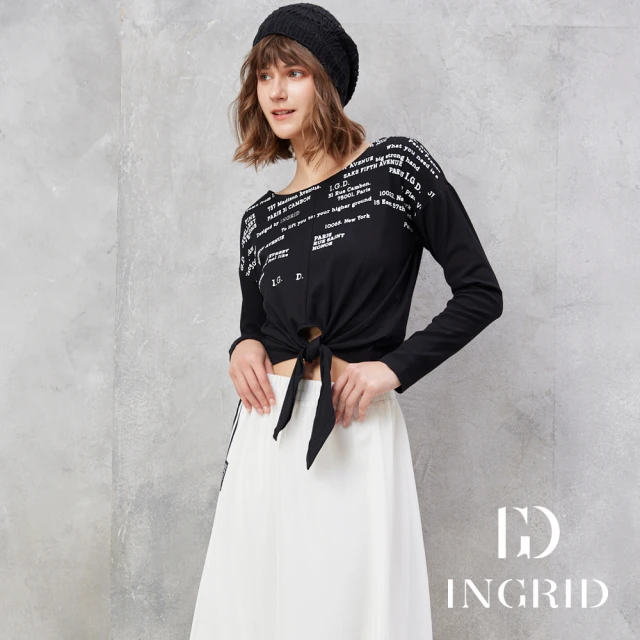 IGD 英格麗IGD 英格麗 實體同步款-個性字型印圖下擺綁帶設計造型長袖上衣(黑色)
