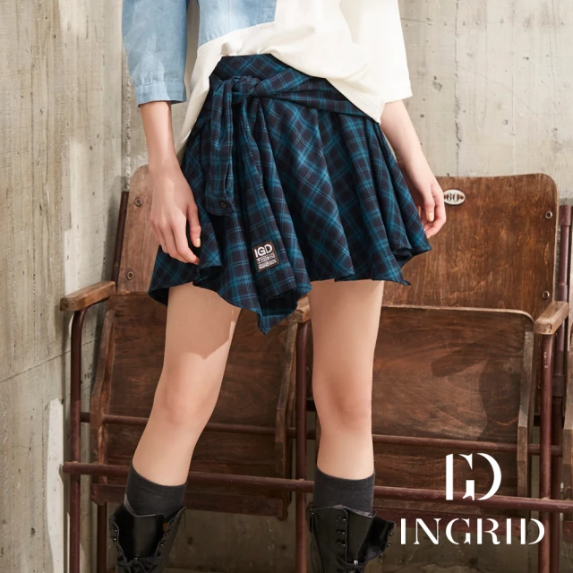 IGD 英格麗IGD 英格麗 實體同步款-不對襯魚尾襯衫袖綁腰格紋短裙(藍色)