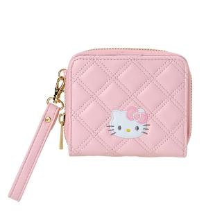 【SANRIO 三麗鷗】皮質菱格紋雙折短夾 皮夾 Hello Kitty 凱蒂貓