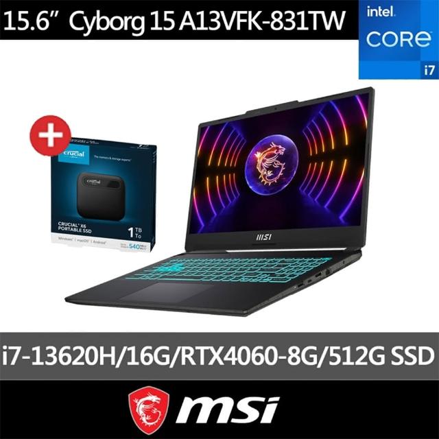 1T外接硬碟組★ MSI 15.6吋i7 RTX4060-8G 電競筆電 Cyborg 15 i7-13620H 16G 512G SSD W11 831TW