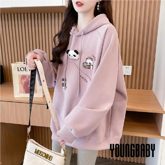 YOUNGBABYYOUNGBABY 熊貓娃娃流線口袋加絨加厚連帽T 中大尺碼女裝
