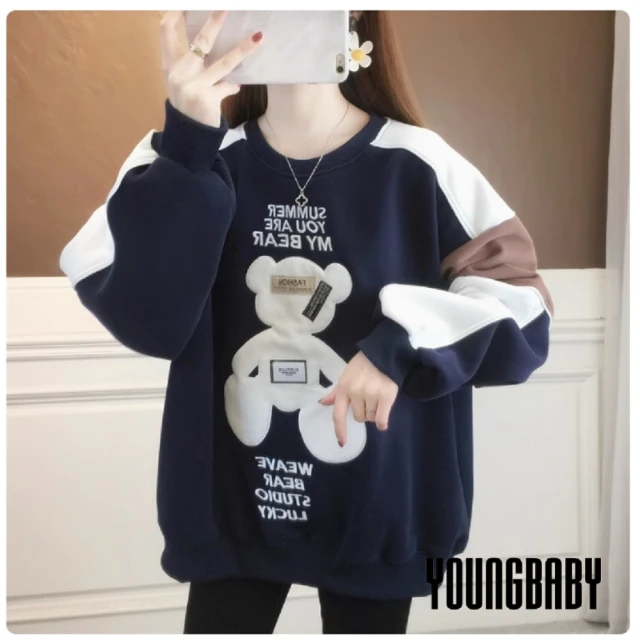 YOUNGBABY 貼布泰迪熊三拼色袖加絨加厚T 中大尺碼女裝