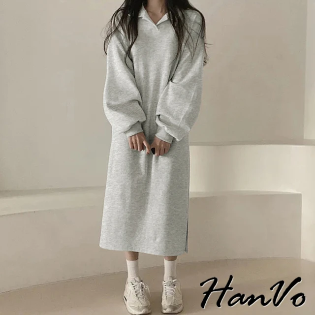 HanVo 現貨 POLO領素色加絨寬鬆長裙(簡約慵懶質感百搭 韓系女裝 女生衣著 3737)