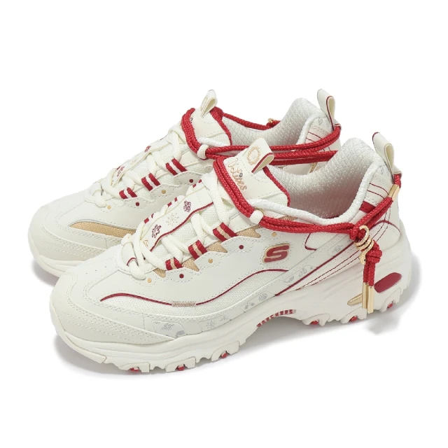 SKECHERS 休閒鞋 D Lites 女鞋 米白 紅 蛇年 CNY 綁帶 厚底 拼接 老爹鞋(800028-WRD)