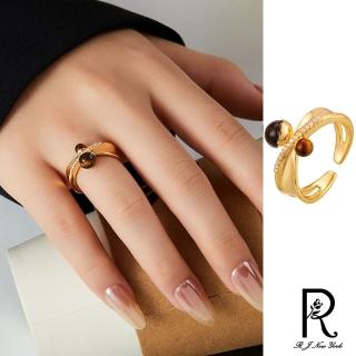【RJ New York】天使之眼虎眼石水鑽交錯可調彈性開口戒指(金色)