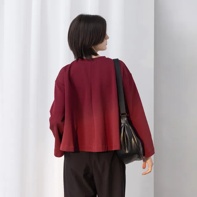 【MASTINA】圓領大荷葉短版衛衣長袖上衣(紅 灰)